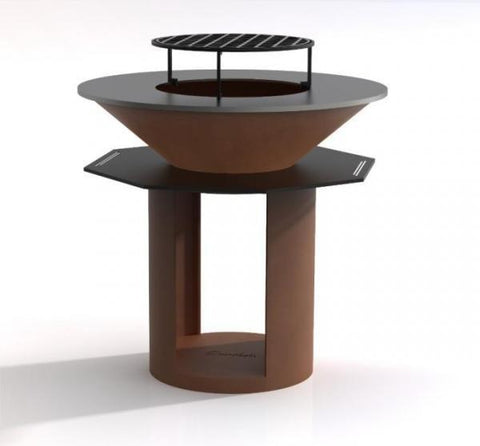 Brasero de jardin en acier Corten de 100 cm moderne, robuste, idéal pour barbecue, réunions en plein air et décoration extérieure. Doté de plaque de cuisson et espace de rangement pour bûches.