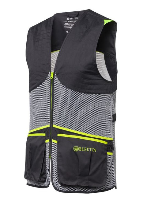 Gilet de tir Beretta Full Mesh en filet respirant avec bande d’épaule en coton, idéal pour le tir sportif par temps chaud, poches avant pour cartouches et attache casque, disponible en plusieurs coloris et tailles