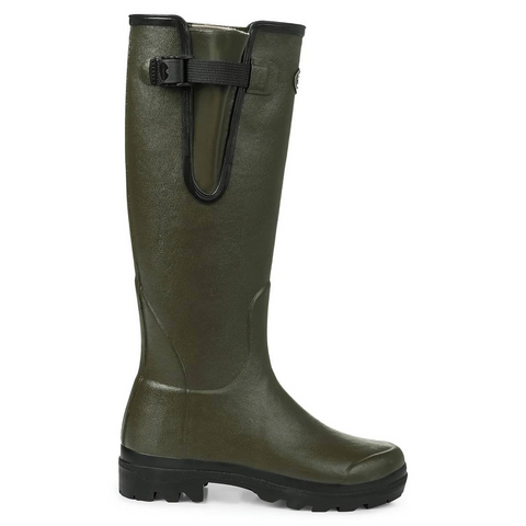 Bottes femmes Le Chameau Vierzon, fabriquées à la main en caoutchouc Chamolux, avec doublure jersey, soufflet réglable, semelle Grip double densité pour tous terrains, parfaites pour la campagne.