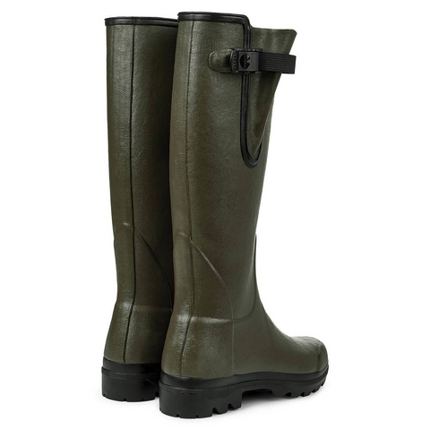 Bottes femmes Le Chameau Vierzon, fabriquées à la main en caoutchouc Chamolux, avec doublure jersey, soufflet réglable, semelle Grip double densité pour tous terrains, parfaites pour la campagne.