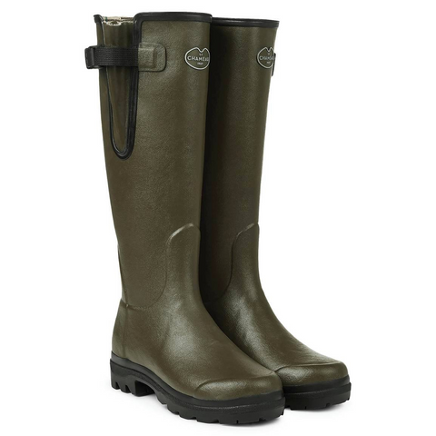 Bottes femmes Le Chameau Vierzon, fabriquées à la main en caoutchouc Chamolux, avec doublure jersey, soufflet réglable, semelle Grip double densité pour tous terrains, parfaites pour la campagne.