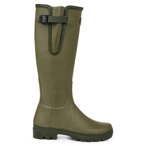 Bottes femmes Le Chameau Vierzon, fabriquées à la main en caoutchouc Chamolux, avec doublure jersey, soufflet réglable, semelle Grip double densité pour tous terrains, parfaites pour la campagne.