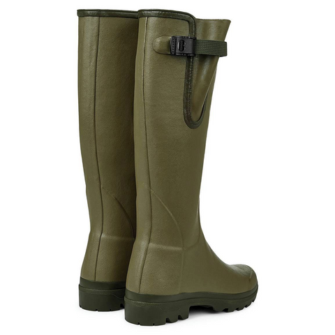 Bottes femmes Le Chameau Vierzon, fabriquées à la main en caoutchouc Chamolux, avec doublure jersey, soufflet réglable, semelle Grip double densité pour tous terrains, parfaites pour la campagne.