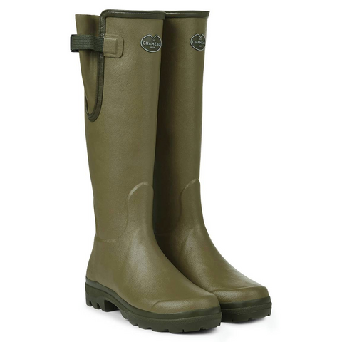 Bottes femmes Le Chameau Vierzon, fabriquées à la main en caoutchouc Chamolux, avec doublure jersey, soufflet réglable, semelle Grip double densité pour tous terrains, parfaites pour la campagne.