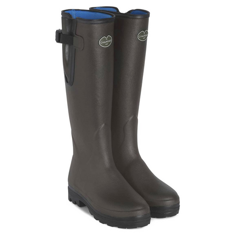 Bottes femmes Le Chameau Vierzonord avec doublure néoprène, conçues pour le confort et la protection lors de randonnées en campagne, avec semelle bi-densité antichoc et soufflet étanche pour un ajustement parfait.