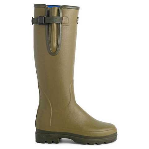 Bottes femmes Le Chameau Vierzonord avec doublure néoprène, conçues pour le confort et la protection lors de randonnées en campagne, avec semelle bi-densité antichoc et soufflet étanche pour un ajustement parfait.