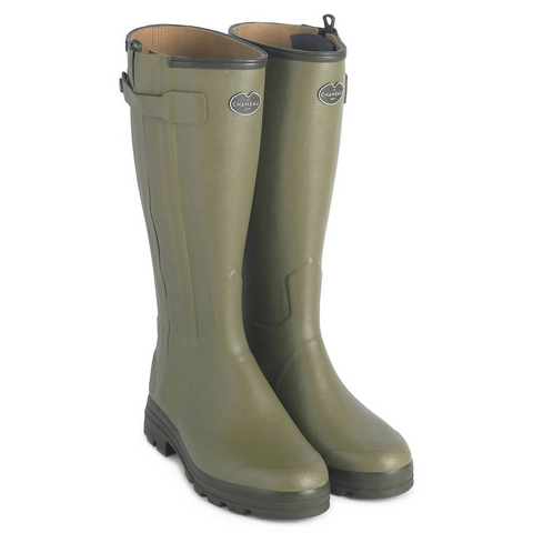 Le Chameau Chasseur women's leather-lined boots showcasing exceptional comfort, waterproof design, handcrafted quality, made with durable Chamolux rubber, perfect for engaging in outdoor activities