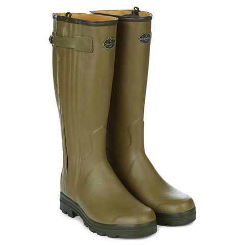 Bottes Le Chameau Chasseur doublées en cuir premium avec fermeture éclair étanche, fabrication artisanale en caoutchouc Chamolux, protection contre l'abrasion, semelle tout-terrain pour un confort optimal et durabilité dans toutes les conditions extérieures