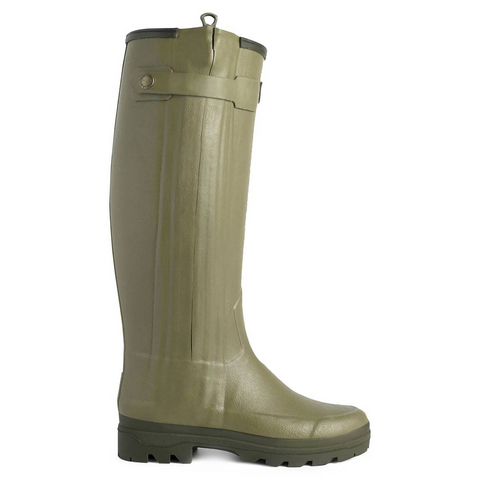 Bottes femme Le Chameau Chasseur doublées en néoprène, étanches avec fermeture éclair imperméable et semelle tout-terrain, protection contre l'abrasion, design confortable adapté aux jambes féminines, idéales pour activités extérieures comme la chasse.
