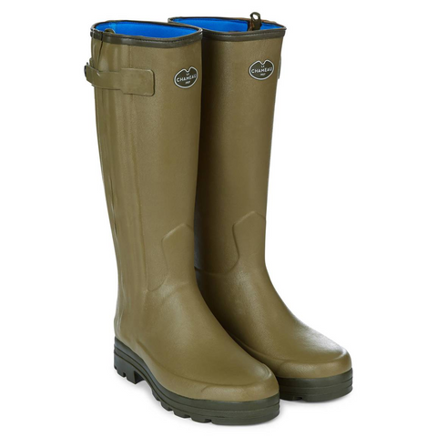 Bottes Le Chameau Chasseur doublées néoprène, imperméables, avec fermeture éclair AQUAzip et semelles tout terrain, idéales pour la chasse et les activités extérieures, offrant confort, protection et durabilité même dans des conditions difficiles.