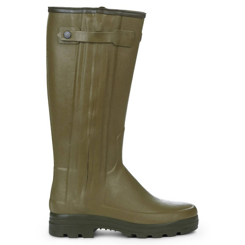 Bottes Le Chameau Chasseur doublées néoprène, imperméables, avec fermeture éclair AQUAzip et semelles tout terrain, idéales pour la chasse et les activités extérieures, offrant confort, protection et durabilité même dans des conditions difficiles.