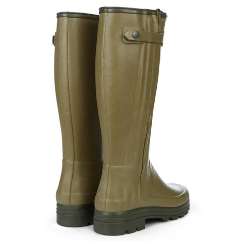 Bottes Le Chameau Chasseur doublées néoprène, imperméables, avec fermeture éclair AQUAzip et semelles tout terrain, idéales pour la chasse et les activités extérieures, offrant confort, protection et durabilité même dans des conditions difficiles.