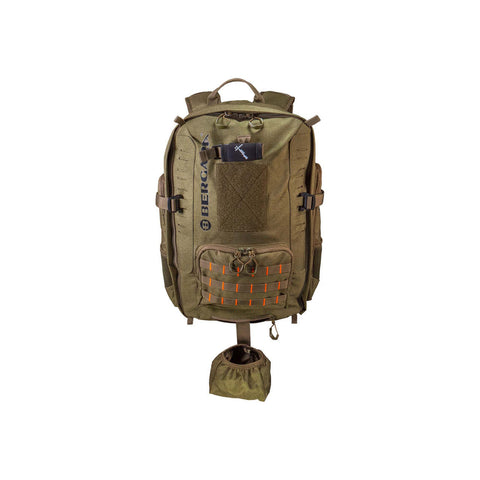 Sac à dos technique Bergara Daypack 35L en polyester 1000D avec fermetures éclair YKK, adapté pour la chasse, équipé d'un système de flux d'air, de bretelles ergonomiques et d'un porte-fusil intégré, coloris olive foncé