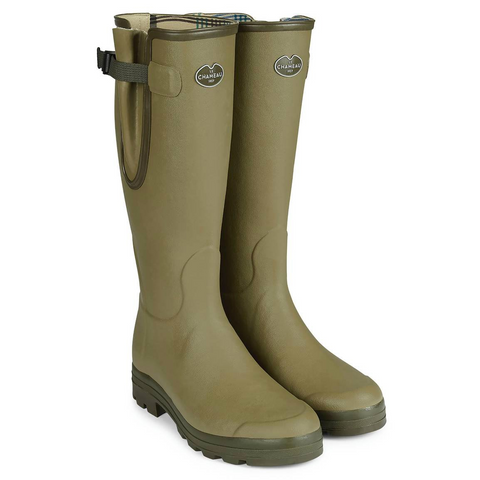 Bottes Le Chameau Vierzon doublées en jersey en caoutchouc étanches avec semelle antichoc, parfaites pour la marche en campagne et adaptées à tout type de terrain.