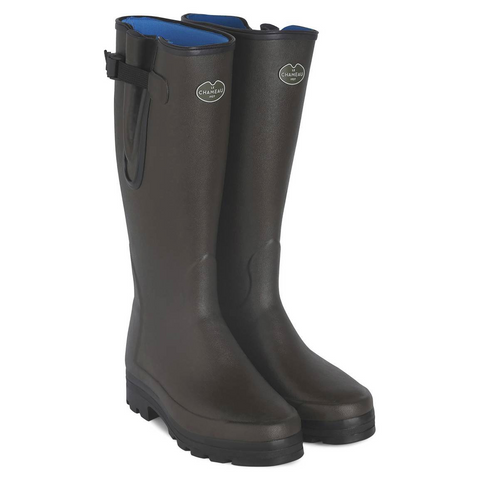 Bottes femmes Le Chameau Vierzonord avec doublure néoprène, conçues pour le confort et la protection lors de randonnées en campagne, avec semelle bi-densité antichoc et soufflet étanche pour un ajustement parfait.