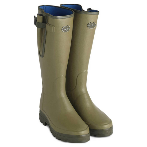 Bottes femmes Le Chameau Vierzonord avec doublure néoprène, conçues pour le confort et la protection lors de randonnées en campagne, avec semelle bi-densité antichoc et soufflet étanche pour un ajustement parfait.