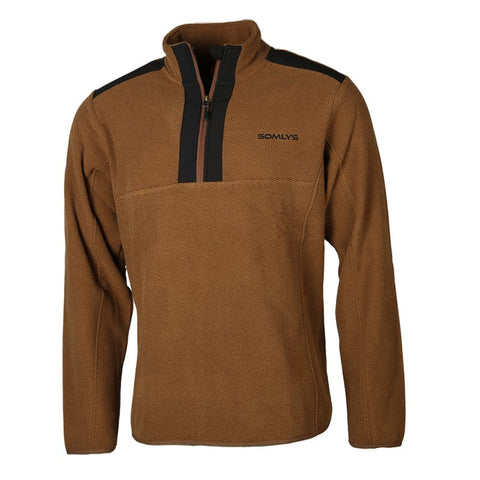 Pull Somlys camel avec col montant zippé, modèle 152, combinant chaleur et style avec sa fermeture éclair pratique et sa couleur camel tendance, idéal pour les aventures en extérieur et les looks décontractés.