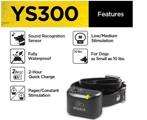 Collier anti-aboiement Dogtra YS300 pour petits et moyens chiens avec 6 niveaux de stimulation et vibration, rechargeable, étanche avec reconnaissance d’aboiement par micro et électrodes plastiques, idéal pour un contrôle efficace et sans douleur des aboiements. Collier anti-aboiement Dogtra YS600 conçu pour grands chiens avec 10 niveaux de stimulation, mode Pager, accéléromètre et batterie rechargeable, étanche, pour un contrôle optimal et sécurisé des aboiements avec vibrations haute performance.