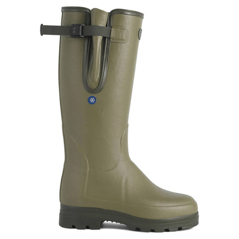 Bottes Le Chameau Vierzonord Plus avec doublure néoprène 5mm, offrant isolation thermique pour l'hiver, ajustement parfait grâce au soufflet étanche et bride de serrage, idéales pour tout terrain et temps froid, qualité artisanale.