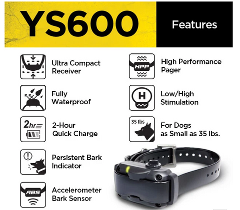 Collier anti-aboiement Dogtra YS300 pour petits et moyens chiens avec 6 niveaux de stimulation et vibration, rechargeable, étanche avec reconnaissance d’aboiement par micro et électrodes plastiques, idéal pour un contrôle efficace et sans douleur des aboiements. Collier anti-aboiement Dogtra YS600 conçu pour grands chiens avec 10 niveaux de stimulation, mode Pager, accéléromètre et batterie rechargeable, étanche, pour un contrôle optimal et sécurisé des aboiements avec vibrations haute performance.