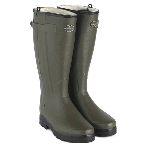 Bottes Le Chameau Chasseur doublées en laine avec fermeture éclair, offrant confort, chaleur et protection pour l'hiver, adaptées pour les terrains extérieurs et toutes tailles de mollet, fabriquées à partir de caoutchouc Chamolux exclusif, imperméables et dotées d'une semelle absorbant les chocs