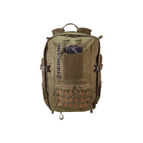 Sac à dos technique Bergara Daypack 35L en polyester 1000D avec fermetures éclair YKK, adapté pour la chasse, équipé d'un système de flux d'air, de bretelles ergonomiques et d'un porte-fusil intégré, coloris olive foncé