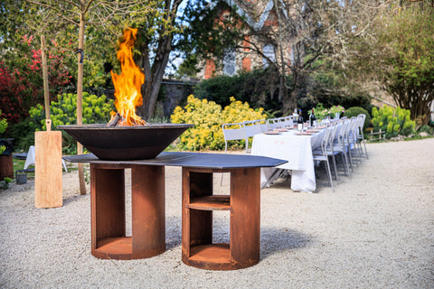 Image of a fire pit extension compatible with Brasero Random Fireball, featuring corten steel material, designed to enhance stability and aesthetics for outdoor fire pit setups.