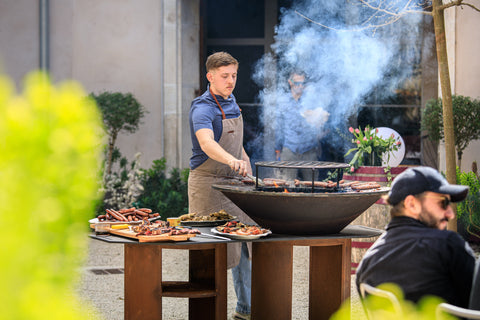 Image of a fire pit extension compatible with Brasero Random Fireball, featuring corten steel material, designed to enhance stability and aesthetics for outdoor fire pit setups.