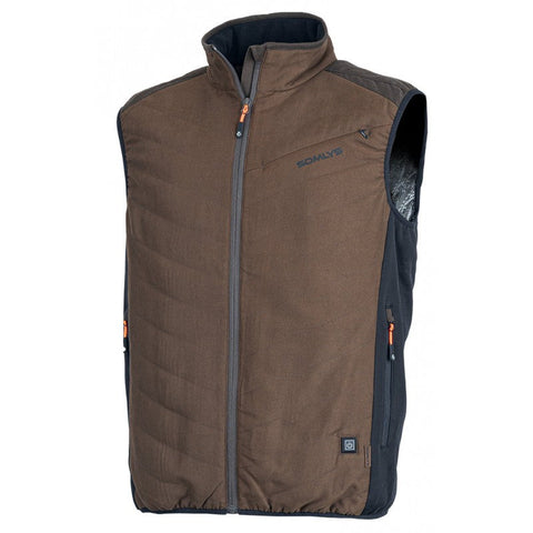 "Gilet chauffant Somlys couleur marron modèle 209, conçu pour apporter chaleur et confort lors des activités de plein air par temps froid."