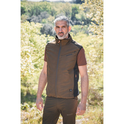 "Gilet chauffant Somlys couleur marron modèle 209, conçu pour apporter chaleur et confort lors des activités de plein air par temps froid."