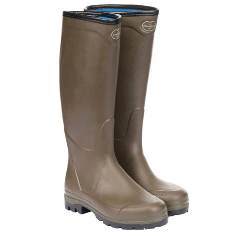 Bottes Le Chameau Country Cross en néoprène avec doublure chaude, imperméables, adaptées à tous les terrains, idéales pour la chasse, la marche, et les environnements froids et humides, fabriquées à la main avec du caoutchouc Chamolux et une semelle extérieure antichoc.