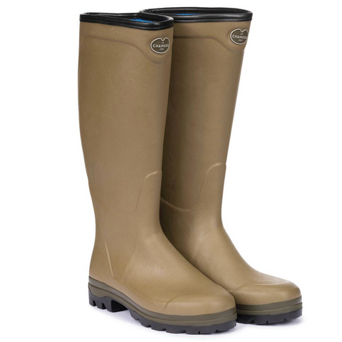 Bottes Le Chameau Country Cross en néoprène avec doublure chaude, imperméables, adaptées à tous les terrains, idéales pour la chasse, la marche, et les environnements froids et humides, fabriquées à la main avec du caoutchouc Chamolux et une semelle extérieure antichoc.