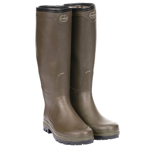 Bottes Le Chameau Country Cross en caoutchouc naturel Chamolux avec doublure jersey et semelle bi-densité crantée pour terrain accidenté, imperméabilité et confort optimal sur tous types de terrains