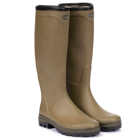 Bottes Le Chameau Country Cross en caoutchouc naturel Chamolux avec doublure jersey et semelle bi-densité crantée pour terrain accidenté, imperméabilité et confort optimal sur tous types de terrains