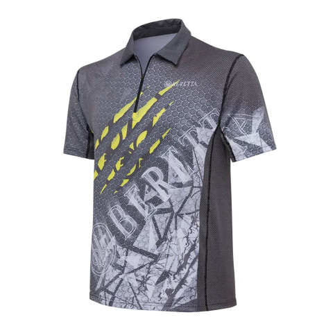 Polo Beretta Rush Scratch homme conçu pour tir dynamique, fabriqué en Polartec Delta, respirant, léger, sèche rapidement, protection UV et anti-odeurs, idéal pour activités intenses