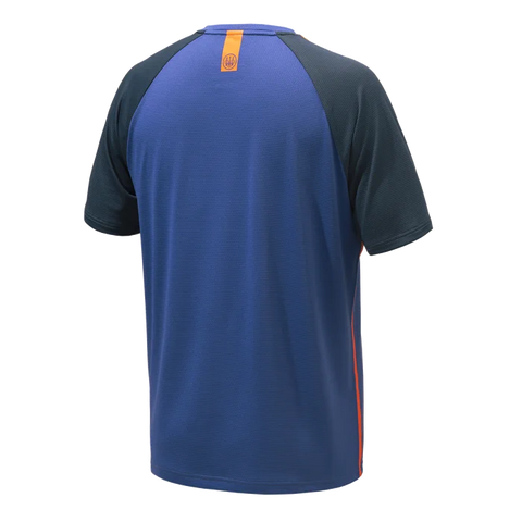 Image du T-shirt Beretta Bullseye pour homme, conçu en polyester et polypropylène, montrant des caractéristiques comme le graphisme Beretta sur le devant, la protection UV et le traitement anti-odeurs. Idéal pour les activités en plein air et les journées actives, ce T-shirt offre une coupe regular confortable avec un logo imprimé au dos.