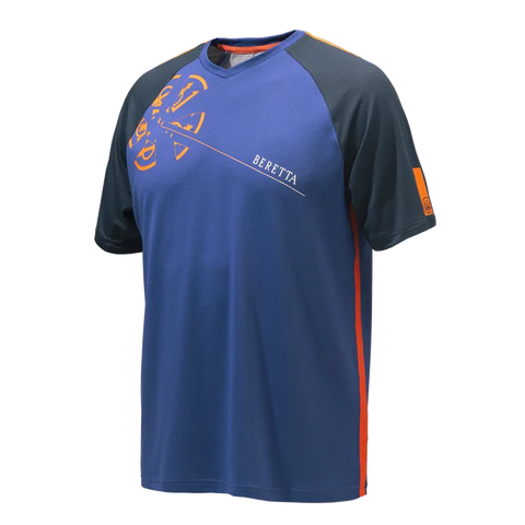 Image du T-shirt Beretta Bullseye pour homme, conçu en polyester et polypropylène, montrant des caractéristiques comme le graphisme Beretta sur le devant, la protection UV et le traitement anti-odeurs. Idéal pour les activités en plein air et les journées actives, ce T-shirt offre une coupe regular confortable avec un logo imprimé au dos.