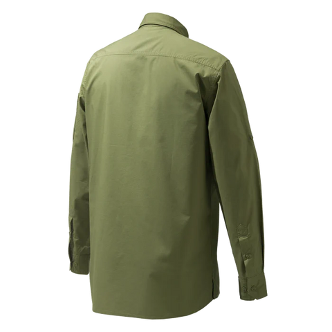 Chemise Beretta Mortirolo pour homme à manches longues, légère et respirante, en coton et polyester, avec traitement antibactérien, idéale pour les activités de plein air comme la chasse et la randonnée, dotée d'un col boutonné caché et de poches poitrine pratiques, offrant confort et flexibilité grâce à ses manches retroussables et finition élégante avec logo Beretta brodé.