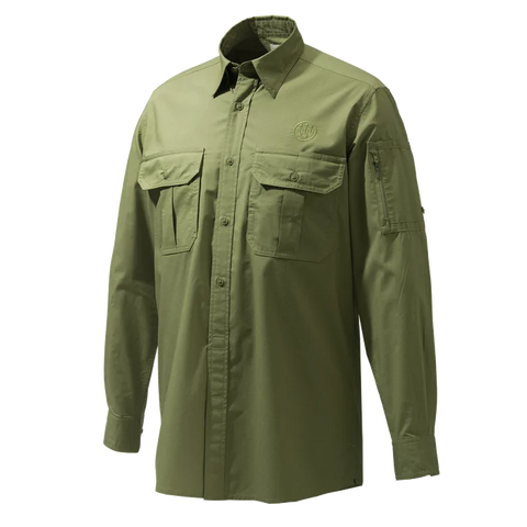 Chemise Beretta Mortirolo pour homme à manches longues, légère et respirante, en coton et polyester, avec traitement antibactérien, idéale pour les activités de plein air comme la chasse et la randonnée, dotée d'un col boutonné caché et de poches poitrine pratiques, offrant confort et flexibilité grâce à ses manches retroussables et finition élégante avec logo Beretta brodé.