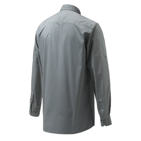 Chemise Beretta Mortirolo pour homme à manches longues, légère et respirante, en coton et polyester, avec traitement antibactérien, idéale pour les activités de plein air comme la chasse et la randonnée, dotée d'un col boutonné caché et de poches poitrine pratiques, offrant confort et flexibilité grâce à ses manches retroussables et finition élégante avec logo Beretta brodé.