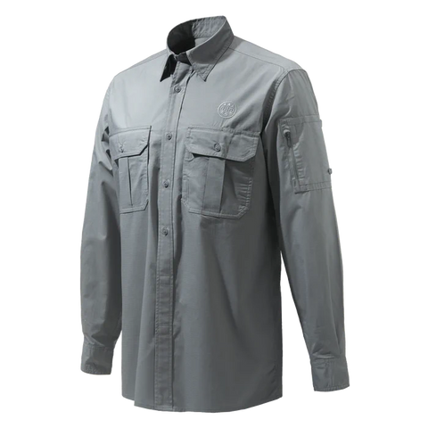 Chemise Beretta Mortirolo pour homme à manches longues, légère et respirante, en coton et polyester, avec traitement antibactérien, idéale pour les activités de plein air comme la chasse et la randonnée, dotée d'un col boutonné caché et de poches poitrine pratiques, offrant confort et flexibilité grâce à ses manches retroussables et finition élégante avec logo Beretta brodé.