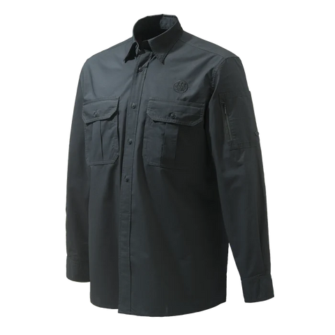 Chemise Beretta Mortirolo pour homme à manches longues, légère et respirante, en coton et polyester, avec traitement antibactérien, idéale pour les activités de plein air comme la chasse et la randonnée, dotée d'un col boutonné caché et de poches poitrine pratiques, offrant confort et flexibilité grâce à ses manches retroussables et finition élégante avec logo Beretta brodé.
