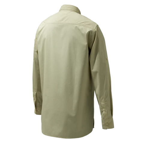 Chemise Beretta Mortirolo pour homme à manches longues, légère et respirante, en coton et polyester, avec traitement antibactérien, idéale pour les activités de plein air comme la chasse et la randonnée, dotée d'un col boutonné caché et de poches poitrine pratiques, offrant confort et flexibilité grâce à ses manches retroussables et finition élégante avec logo Beretta brodé.
