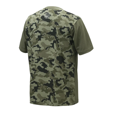 T-shirt Beretta Camo pour homme en coton élastique, idéal pour les activités de plein air comme la chasse et le tir, avec motif camouflage et système d'accroche pour lunettes
