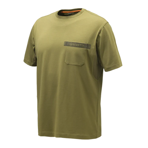 Image du T-shirt Beretta Tactical pour homme, en coton élastique avec un design graphique distinctif, une petite poche poitrine, et un logo imprimé Beretta au dos, idéal pour un style décontracté et des activités outdoor.