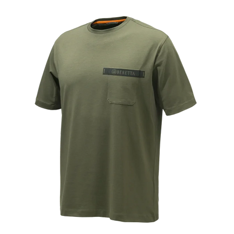 Image du T-shirt Beretta Tactical pour homme, en coton élastique avec un design graphique distinctif, une petite poche poitrine, et un logo imprimé Beretta au dos, idéal pour un style décontracté et des activités outdoor.