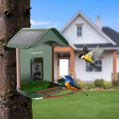 Mangeoire à oiseaux connectée Camouflage avec caméra IA, équipée pour détecter plus de 11 000 espèces, offrant visualisation live via application Birdlovers, autonomie durable grâce aux panneaux solaires intégrés, et interaction sonore enrichie avec micro et haut-parleurs intégrés