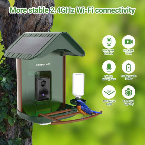 Mangeoire à oiseaux connectée Camouflage avec caméra IA, équipée pour détecter plus de 11 000 espèces, offrant visualisation live via application Birdlovers, autonomie durable grâce aux panneaux solaires intégrés, et interaction sonore enrichie avec micro et haut-parleurs intégrés