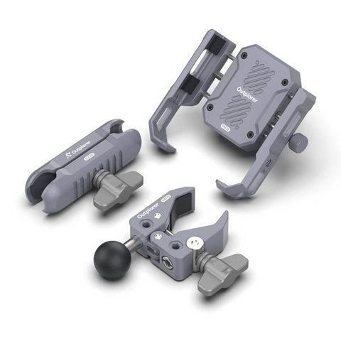 Support Smartphone Outplorer pour guidon avec design modulaire et suspension pneumatique anti-vibration, adapté pour vélo et moto, avec compatibilité étendue de 63 mm à 97 mm, protection OIS, bouton télescopique, et système antivol intégré pour une sécurité renforcée.