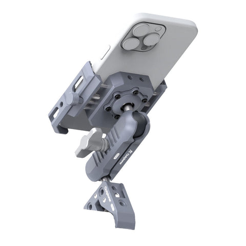 Support Smartphone Outplorer pour guidon avec design modulaire et suspension pneumatique anti-vibration, adapté pour vélo et moto, avec compatibilité étendue de 63 mm à 97 mm, protection OIS, bouton télescopique, et système antivol intégré pour une sécurité renforcée.